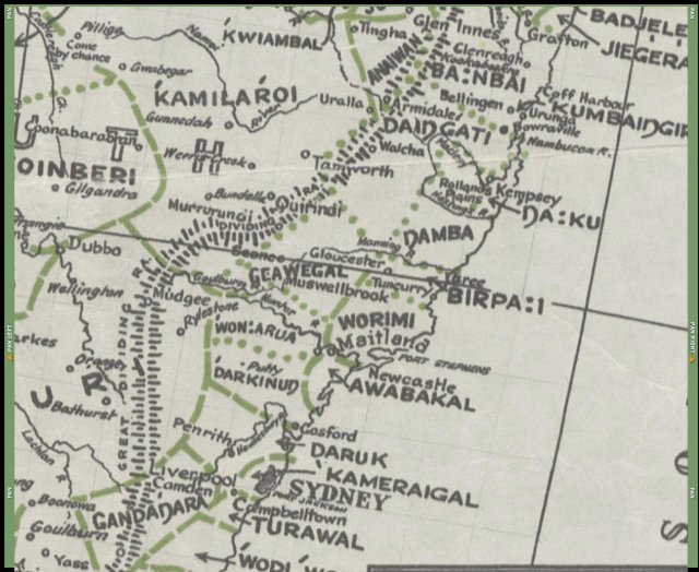 Norman Tindale map of Aboriginal Tribes of Australia, Darkinung detail 1940. NLA